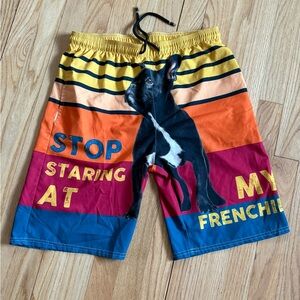 “Stop staring at my frenchie” swim trunks
